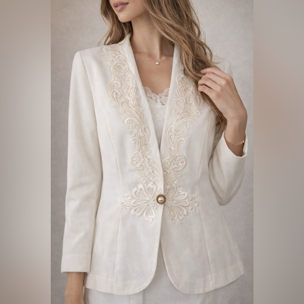 Cream Embroidered Formal Jacket Pearl Button Elegant Blazer 6P